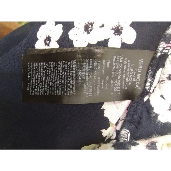 Vero Moda Top Women's L Pink White Floral 3/4 Sleeve Viscose Round Neck Popover - Picture 6 of 8